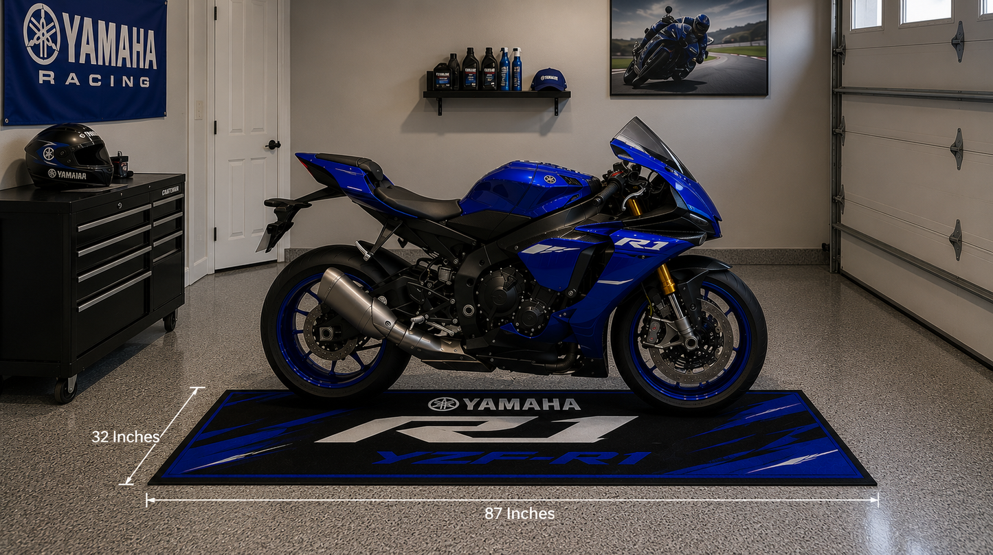 Yamaha YZF-R1 Motorcycle Garage Floor Mat 32x87 Inches Premium Showroom Rug