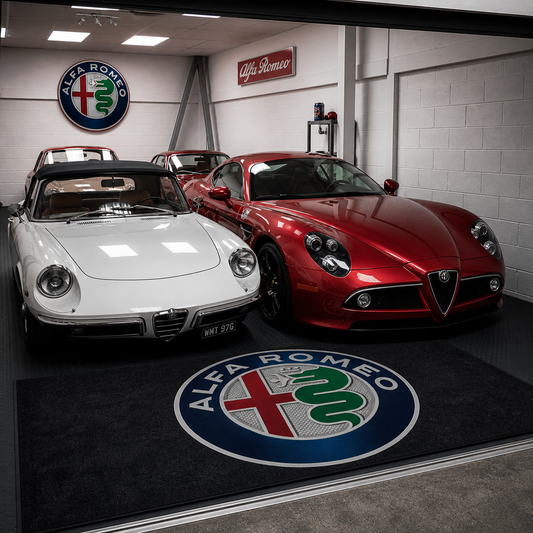 Alfa Romeo Garage Floor Mat 5x7 FT (60x87 Inches) Premium Showroom Rug & Wall Decor Luxury Racing Style
