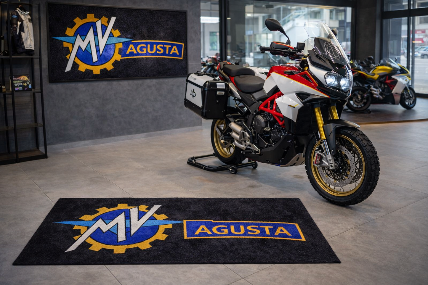 MV Agusta Motorcycle Garage Floor Mat 32x87 Inches Premium Showroom Rug Wall Decor Racing Style Bike Carpet