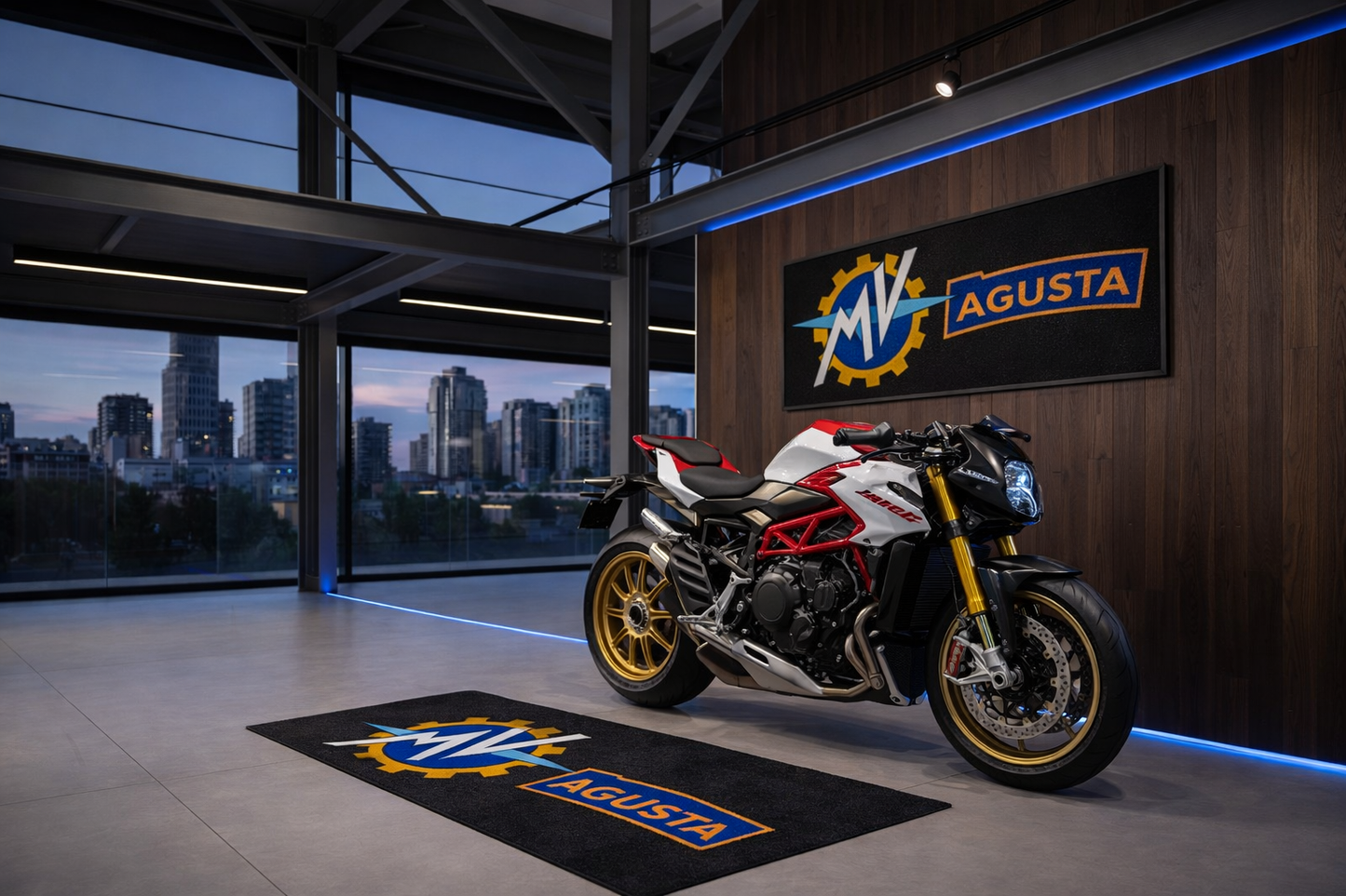 MV Agusta Motorcycle Garage Floor Mat 32x87 Inches Premium Showroom Rug Wall Decor Racing Style Bike Carpet