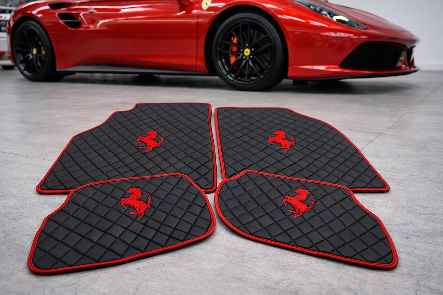 F430 Leather Floor Mats  Diamond Quilted Design with Prancing Horse  Luxury Car Mat