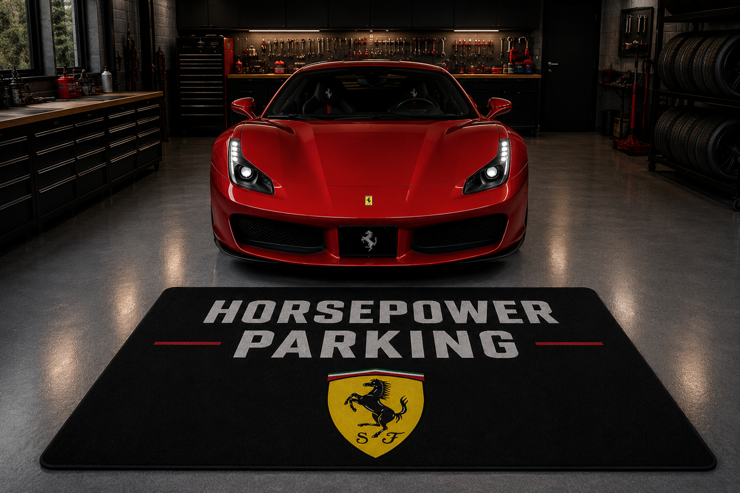 HorsePower Parking Garage Floor Mat Porsche Ferrari Lamborghini 60 x 87 Inches
