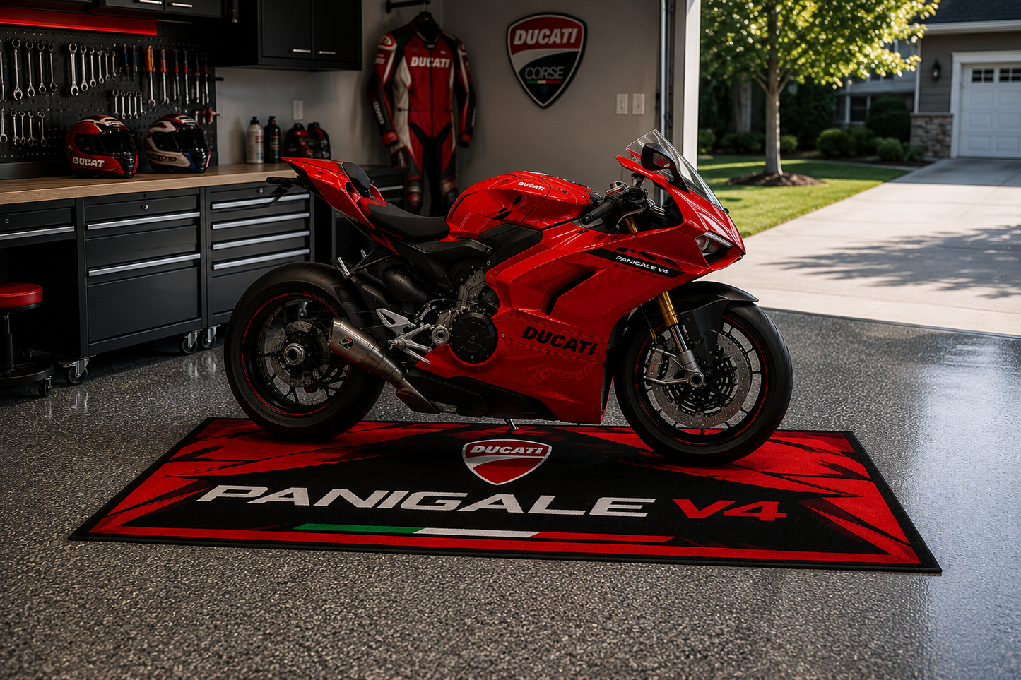 Ducati Panigale V4 Motorcycle Garage Floor Mat 32x87 Inches Premium Showroom Rug