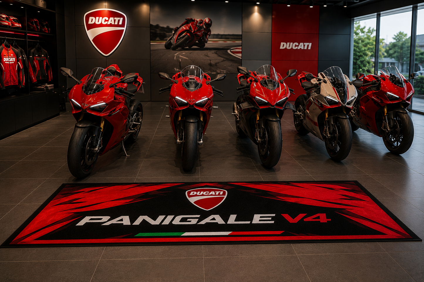 Ducati Panigale V4 Motorcycle Garage Floor Mat 32x87 Inches Premium Showroom Rug