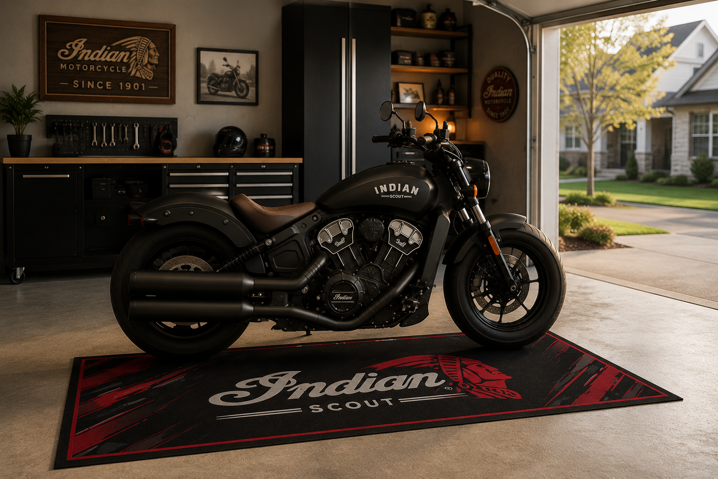 Indian Scout Motorcycle Garage Floor Mat 32x87 Inches Premium Showroom Rug