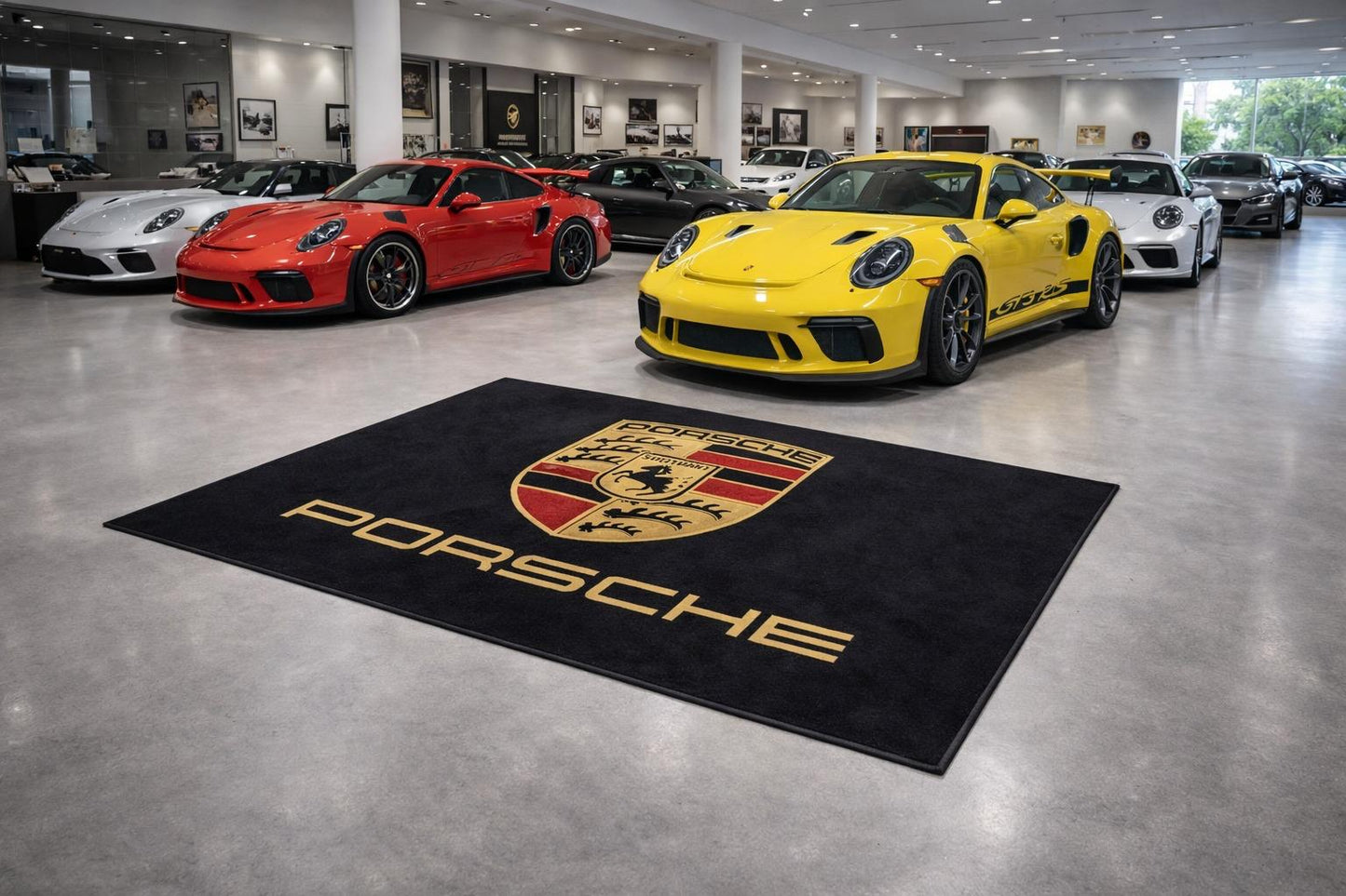 Porsche Garage Floor Mat 5x7 FT (60x87 Inches) Premium Showroom Rug & Wall Decor Luxury Racing Style