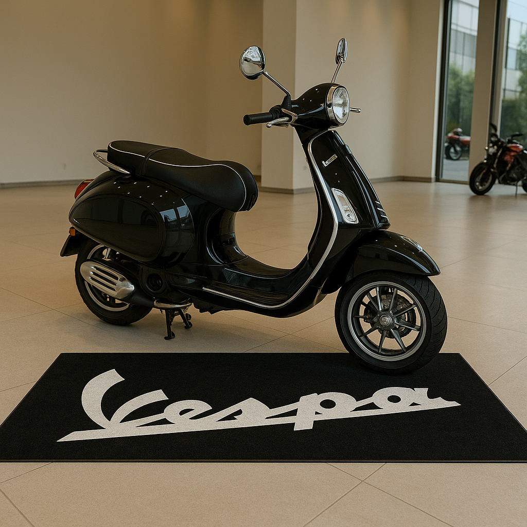 Vespa Motorcycle Garage Floor Mat 32x87 Inches Premium Showroom Rug & Wall Decor Racing Style Bike Carpet